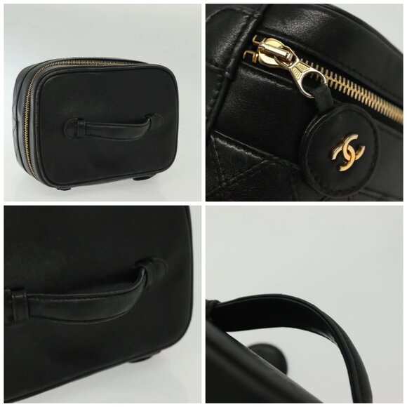 CHANEL Bicolore Vanity Hand Bag Lamb Skin Black Gold CC Auth 139540 - Picture 16 of 16